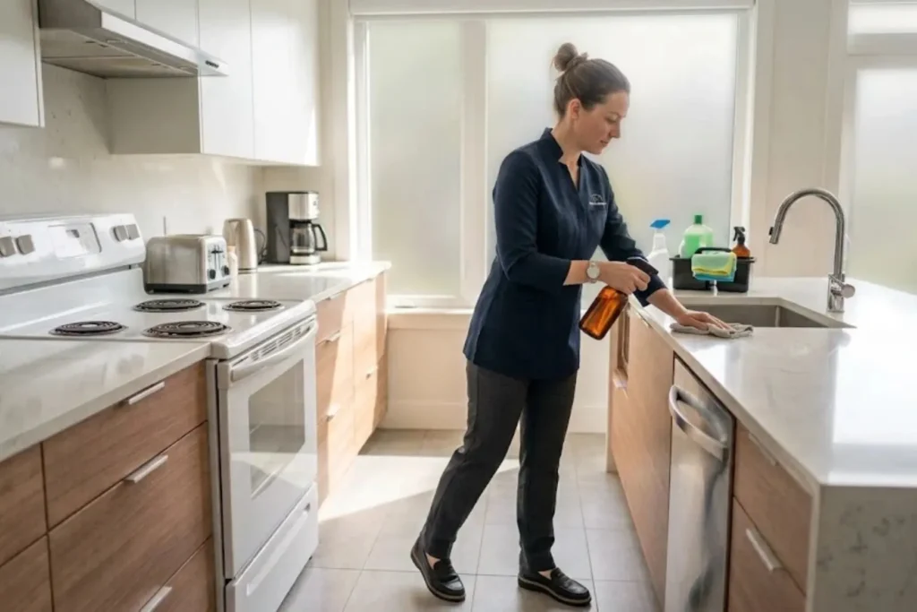 Mesh Maids cleaner wiping kitchen countertops during recurring house cleaning services