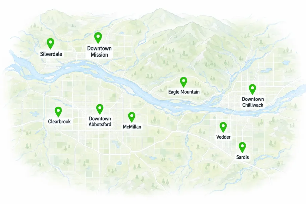 Map Showing Mesh Maids Serviceable areas in Abbotsford, Mission and Chilliwack