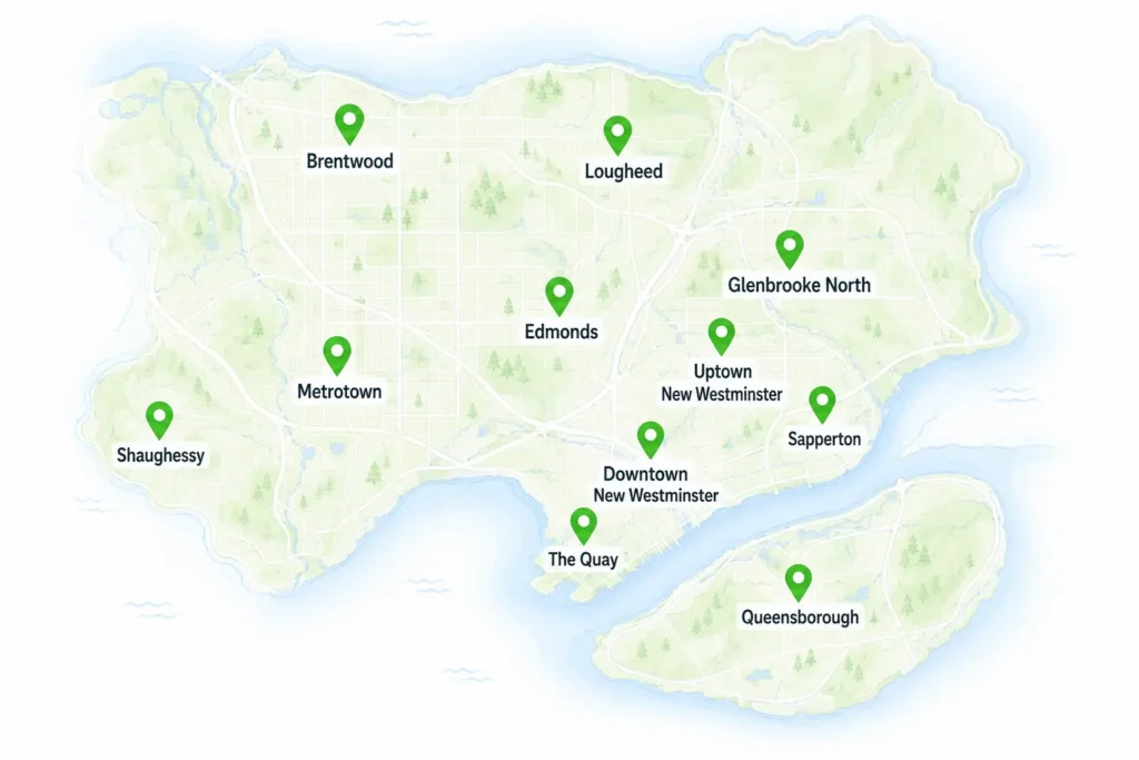 Map Showing Mesh Maids Serviceable areas in Burnaby And New Westminster.