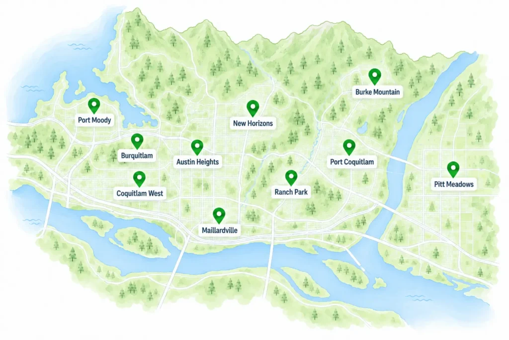 Map Showing Mesh Maids Serviceable areas in Coquitlam, Port Coquitlam and Port Moody.