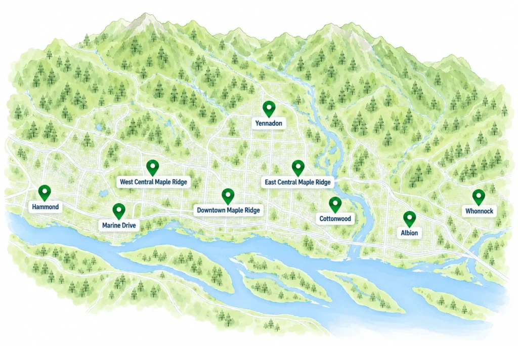 Map Showing Mesh Maids Serviceable areas in Coquitlam, Port Coquitlam and Port Moody.