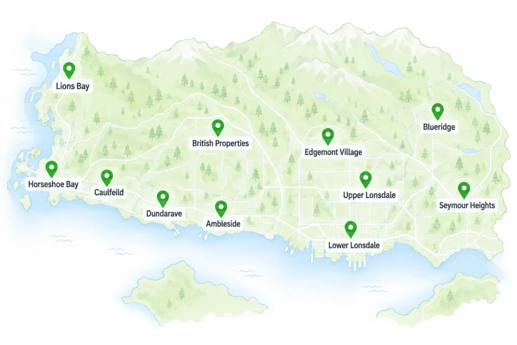 Map Showing Mesh Maids Serviceable areas in North Vancouver and West Vancouver.